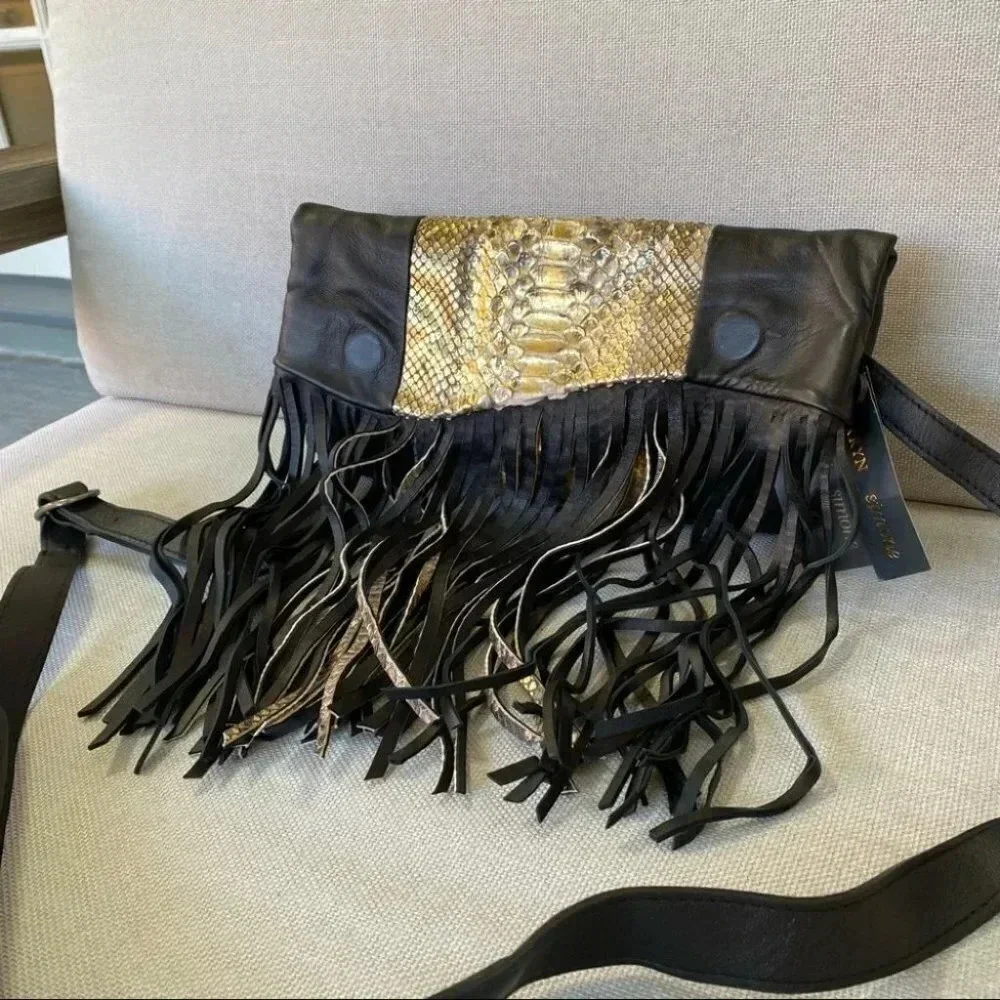 NWT Tarryn Simone Elsee Fringe Leather Crossbody Bag Black Gold Snake